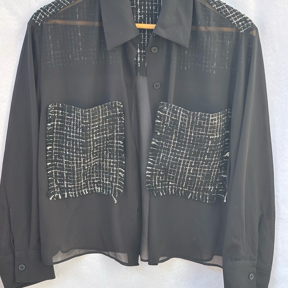 Zara Sheer Black Blouse with White Patterned Pockets - Picture 1 of 3